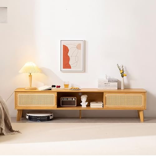 WOLWES Mesa TV Bambú Soporte TV, Puertas Corredizas, Mueble TV Salon Mueble Television para Televisores de hasta 70 Pulgadas (Color : Rattan Door, Size : 1.6m-no Drawer)