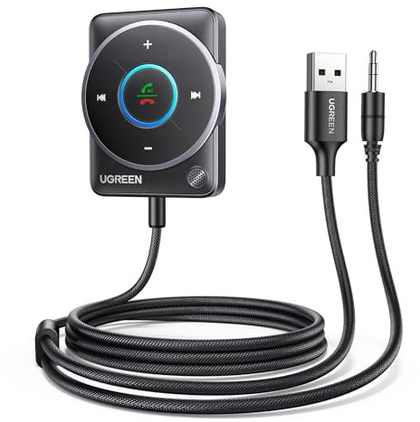 UGREEN Aux Bluetooth 5.4 Adapter Auto Bluetooth 3.5mm Klinke Empfänger Multifunktionstaste für Freisprechanruf und Wireless Musik, Dualverbindung, kompatibel mit Auto Stereoanlage (Schwarz-Upgrade)