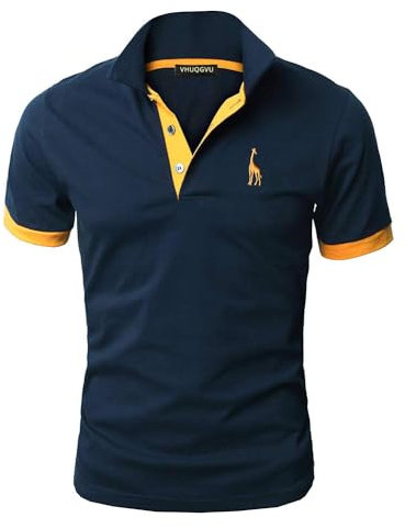 VHUQGVU Herren Poloshirt Baumwolle Kurzarm Giraffe Stickerei Polohemd Regular Slim Fit Modelle Golf Sport T-Shirt,Navy+Gelb,M