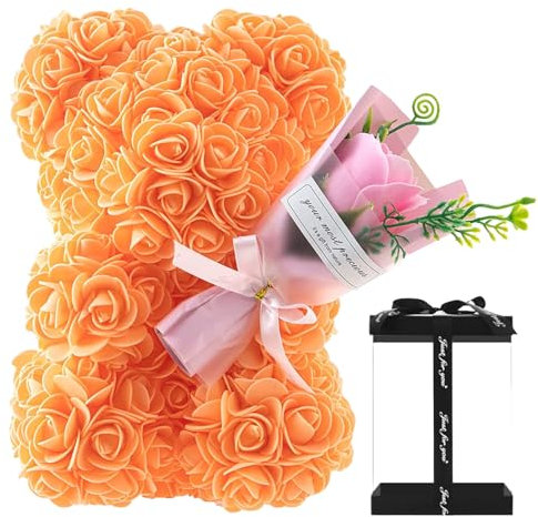 Rosenblumen Teddybär, Künstlicher Blumenbär, Valentinstag Rosenbärs Mit Transparenter Geschenkbox, Handgefertigtes Romantisches Rosenblumenbär Geschenk Zum Geburtstag, Valentinstag,Jahrestag