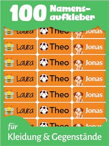 LabelTiger® Personalisierte Namensaufkleber für Kinder - 120 Stück, Selbstklebend & Wasserfest, Ideal für Kita, Schule, Kleidung & Gegenstände - Orange