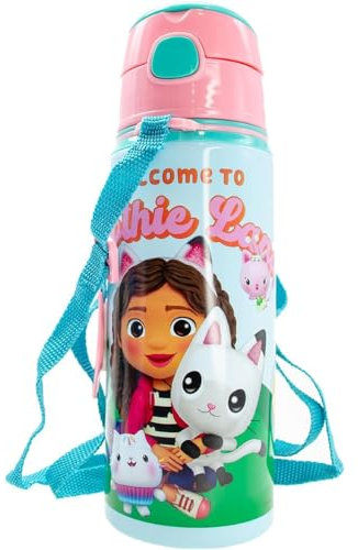CARTOON Bouteille d'eau en aluminium avec paille Gabby's Dollhouse 600 ml bouteille avec ouverture automatique pour enfants