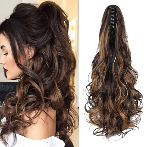 Cybelleza Clip in Ponytail Extensions Zopf Haarteil 45cm Claw Pferdeschwanz Haarverlängerung wie Echthaar Gewellt Lockig Kunsthaare Lang Haar Hitzebeständig, Mittelbraun & Dunkelblond