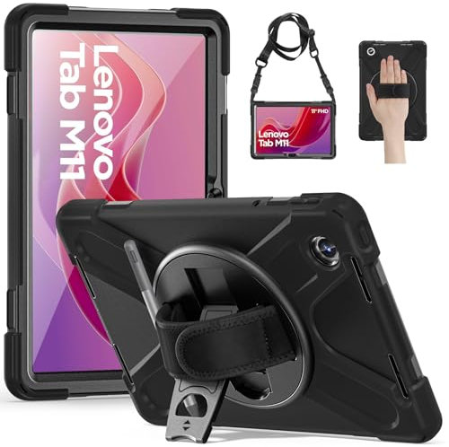 Gerutek Custodia per Lenovo Tab M11 2024 11 Pollici/Tab K11 (TB-330FU/TB330XU/TB-331FC), Custodia Robusta per Lenovo Tab M11 con Supporto Girevole 360/Cinghia a Mano/Spalla/Portapenne, Nero