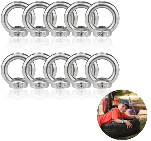 Ghiera in Acciaio Inox,Confezione da 10 Ghiere M8, dado ad Occhiello, Dadi ad Occhiello in Acciaio Inox, Dadi con Superficie lucida, Ghiera di Fissaggio a vite, per Montaggio Fune, Argent