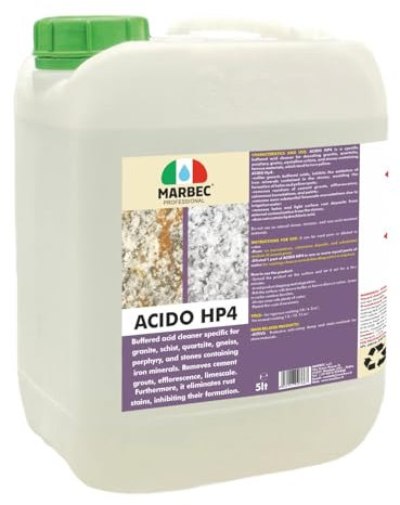 MARBEC ACIDO HP4 5LT Detergente acido tamponato specifico per la pulizia disincrostante di pavimenti in porfido, granito e pietre contenenti materiali ferrosi.