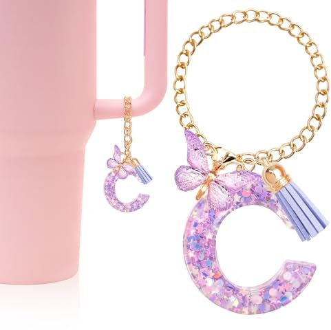 ZOSIX Designed for Stanley Cup Charms, [Upgraded Chain] Initial Keychain for Stanley Cup 40/30 oz with Handle, Purple, C