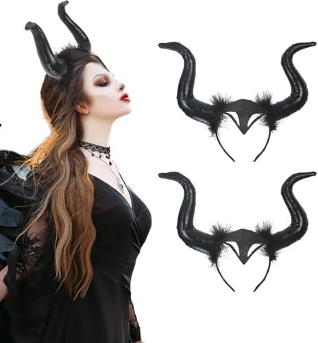 LAMEK 2 Pcs Königin Hörner Kopfschmuck Horn Kopfbedeckung Damen Halloween Haareif Teufelhörner Kostüm Böse Stirnband Schwarz Haarband für Karneval Maskerade Cosplay