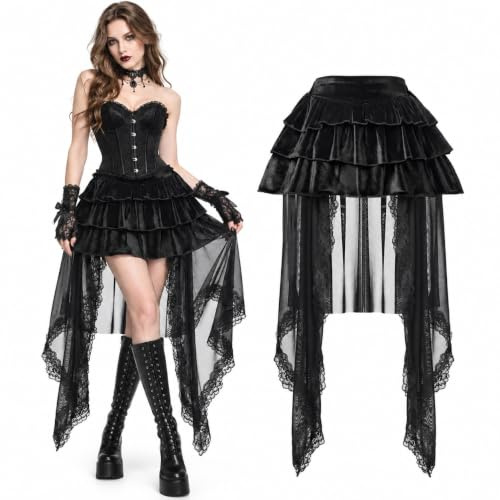 Damen Viktorianische Gothic Spitze High-Low Röcke Lolita Layered Hohe Taille A-Linie Tüll Bustle Rock für Halloween Party