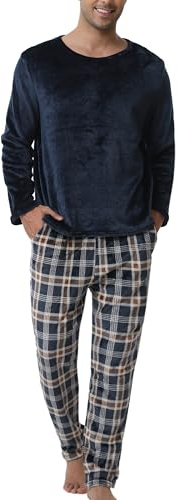 Yukiuiny Pijamas Terciopelo Hombre Polar Suaves Grueso Cuadros Invierno Forro Camiseta Pantalón Largo Elástico Sety Ropa de Dormir Manga Larga Entretiempo Tops Cómodo Regalos para Hombres