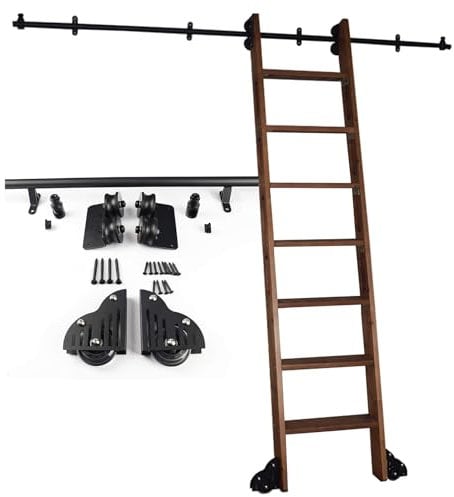 AYVADA Rollbares Bibliotheksleiter-Hardware-Kit, Bibliotheksleiter-Schienen-Kit mit Rädern, Mehrzweck-Leiterschienen-Kit für Dachbodentreppen/Bücherregale, 3,3-24 Fuß schwarzes rostfreies Schienen-