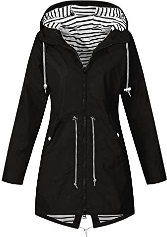 KOG Übergangsjacke Damen Regenjacke Wasserdicht Regenmantel Windbreaker mit Kapuze Fahrradjacke Regencape Regenjacken Windjacke Wanderjacke Outdoor Jacken Warehouse Deal Schwarz 5XL