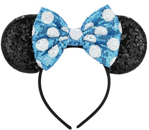 Mouse Ears Headband, Shiny Sequin Bow Headband Stitch Ears Glitter Sparkly Cosplay Party Headbands for Kids Girls Women Birthday Halloween Party Decoration Gifts Accessories Y4LPLSFG (Blue)