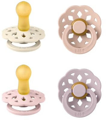 BIBS Boheme Schnuller 4er-Pack. BPA-frei. Kirschform Nippel. Naturkautschuk/Latex. Hergestellt in Dänemark. Größe 2 (6-18 Monate). Dusky Lilac Mix