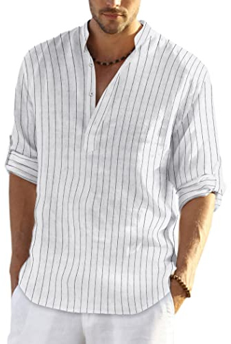 COOFANDY Mens Shirt Long Sleeve Henley Shirt Linen Shirts Cotton Casual Regular Fit Summer Shirts