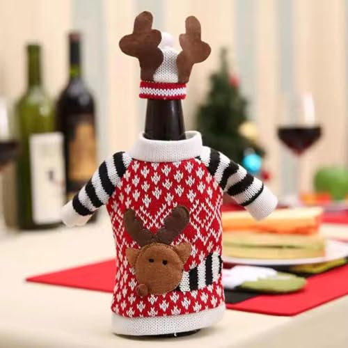 Christmas Elk Red Wine Bottle Cover, Christmas Wine Bottle Cover,Handmade Sweater Reindeer Wine Bottle Covers with Hat,Xmas Jumper Hat Wine Table Centerpieces Decoration (1pcs)