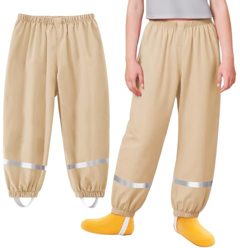 Baogaier Pantaloni Impermeabili Bambino, Unisex Ragazzi Ragazze Traspirante Antipioggia Antistrappo Sfoderati Antivento Salopette Kaki Leggero con Striscia Riflettente Bambini Pantaloni 3-4 Anni
