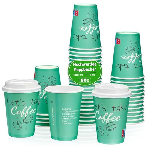 MH QUALITY Kaffeebecher To Go 200ml / 8 Oz - 80 Stück Premium Einweg Pappbecher Ohne Deckel für Kaffee | Hochwertige Coffee To Go Becher | Grün