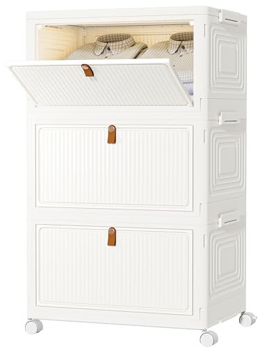 HOMIDEC Wardrobe Storage Organiser,3 Tier Stackable Clothes Storage Boxes with Wheels,Folding Drawers for Clothes,Cupboard Organiser for Bedroom Wardrobe Bathroom Kitchen,Milk-white 22L*3 Pack