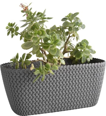 B2C Rectangular Planter Long Flower Pot Indoor Outdoor Patio Plant Case Plastic Woven Rattan knitted braided pattern Home & Garden (Grey, 40cm)