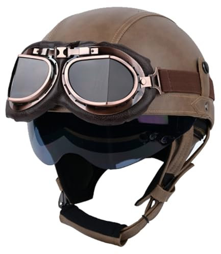 Casco Da Moto D'epoca In Pelle Retrò Vintage Scooter Mezzo Casco In Pelle Casco Con Occhiali Certificato ECE Casco Aperto A Forma Di Ciotola D,2XL=63-64CM