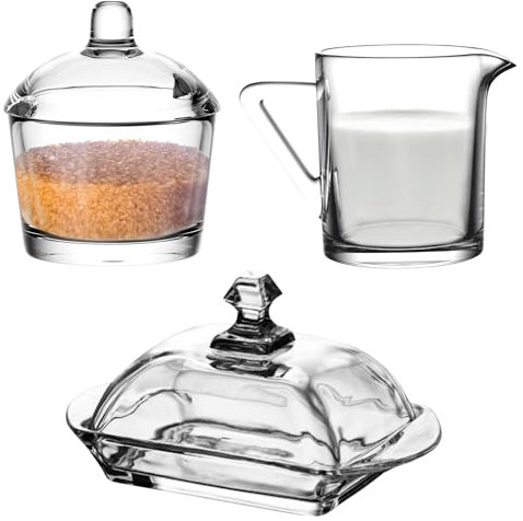 SOLAVIA Clear Glass Sugar Bowl Dish and Milk Jug Creamer Buter Dish Set 210ml and 200ml Home Kitchen Breakfast and Breakfast Student Essential Baron