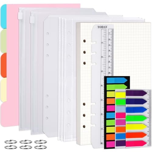 Vicloon Nachfüllbare Notizpapier Set, 115pcs 6 Löcher Ringbuch Nachfüllbar A5 Nachfüllpapier Kariert, Loseblatt Papier Set mit Trennblätter, Haftnotizen Bunt, Umschlägbeutel, Lineal, Metallringe