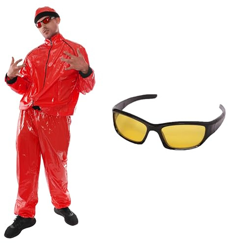 Rotes Rapper-Kostüm – groß – roter & schwarzer Muschelanzug, roter Hut und gelbe Brille – lustiges Rapper-Kostüm für Halloween, Junggesellenabschied
