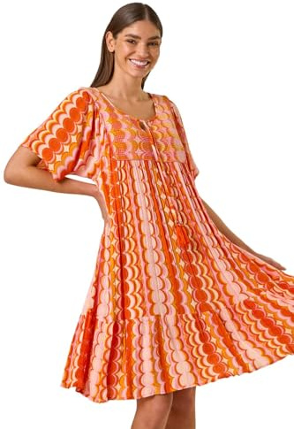 Roman Originals Smock Dress for Women UK Ladies Cotton Summer Embroidered Frilled Tiered Casual Beach Cruise Holiday Cocktail Party 3/4 Sleeve Pull On Gathered Skirt