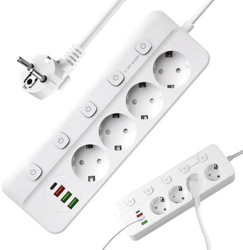 YANGUN Steckdosenleiste Einzeln Schaltbar, 4 Fach Mehrfachsteckdose mit 3 USB und 1 Type C, Verteilersteckdose mit 2M Verlängerungskabel, Steckdosenleiste Wandmontage für Zuhause, Büro(Weiß)
