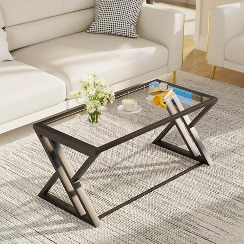 Coffee Table, Living Room Table, Center Tea Tables, Glass Coffee Table, End Sidetable with Black Metal Frame for Living Room Bedroom Office, Modern Open Design, 39 x 19 x 18 IN, Transparent Glass