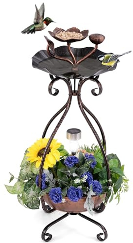 GYMAX Comedero Solar para Pájaros de Exterior, Bañera para Pájaros con Luz Solar LED, Jardinera Inferior de Flores, Marco Metálico, Bebedero Decorativo Vintaje para Ave (Bronce Antiguo)