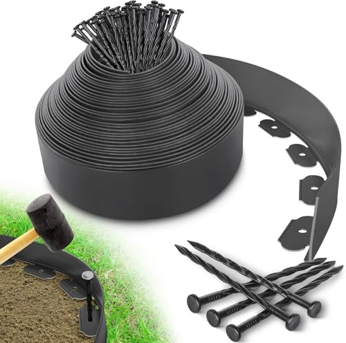 Bordure de Jardin en Plastique 10 m Hauteur 10 cm, avec 50 Piquets d'ancrage, Bordurette de Pelouse Flexible Bordure de Gazon, Délimitation pour Pelouse Potagers Allée Parterre - Facile à Installer