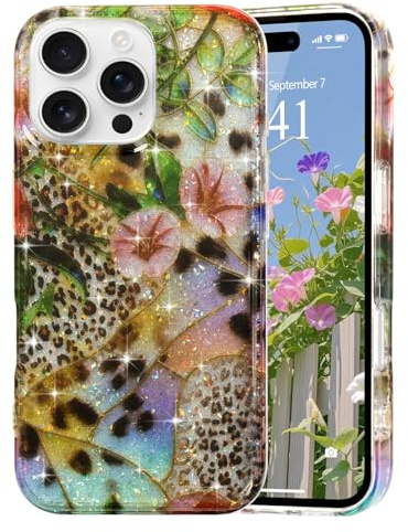 Ethanger Gorgeous Flower Case for iPhone 16 Pro, Leopard print | Floral Glass Stained Design, Aesthetic Artistic Retro Cover, Glitter Phone Case, Shockproof Protective Case for Women