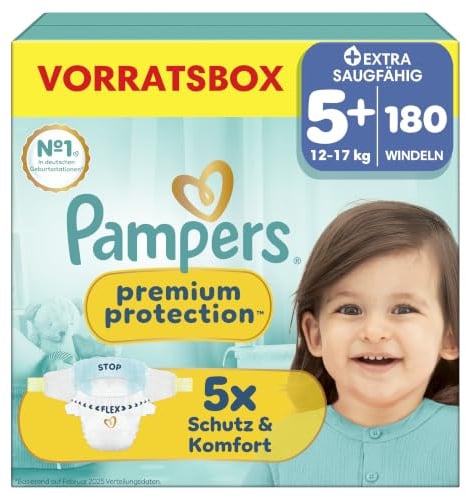 Pampers Premium Protection Größe 5+, 180 Windeln, 12kg-17kg | unser Nr. 1 Haut- und Auslaufschutz