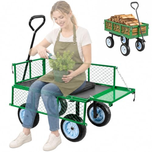 VEVOR Carrello Portaoggetti da Giardino con Sedile Carretto da Giardinaggio in Acciaio Carico max da 226,8 kg Carrello per Trasporto da Giardino con Lati Rimovibili, Legna Terra Detriti, Verde