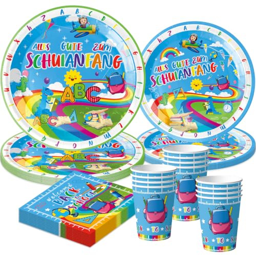 50 Stück Einschulung Partygeschirr Set,Schulanfang Pappgeschirr,Einschulung Schulanfang Partyset,Schule Pappteller Set mit Pappteller Becher und Servietten,Party Geschirr für Schulkind Schulstart