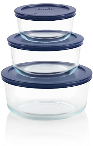 Pyrex Simply Store 3-Pack (2, 4 & 7 Cup) Large Round Glass Food Storage Set with BPA-Free Lids, Dishwasher, Microwave & Freezer Safe