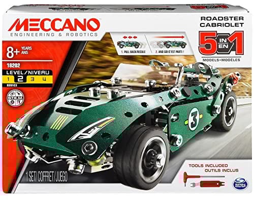 MECCANO Erector by, 5 in 1 Roadster Pull Back Car Building Kit, for Ages 8 and up, STEM Construction Education Toy