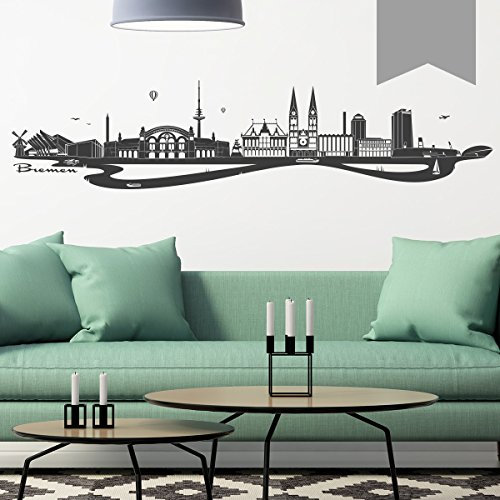 WANDKINGS Wandtattoo - Skyline Bremen (mit Fluss) - 220 x 49 cm - Mittelgrau - Wähle aus 6 Größen & 35 Farben