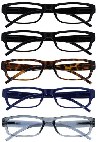 OPULIZE ACE Reading Glasses for Women Men, Lightweight Comfortable Narrow Rectangular Frame with Spring Hinges, Scratch Resistant, Black, Brown,Blue,Grey +1 (Pack of 5)