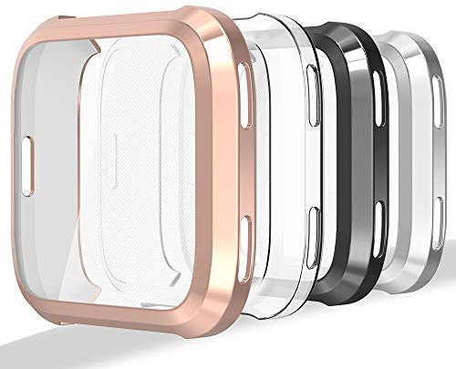 Hianjoo Coque Compatible pour Fit bit Versa/Versa Special Edition, [Lot de 4] Scratch-Resistant Soft TPU Léger Tout Autour de Protecteur Coque d'écran Pare-Chocs - Or Rose, Transparent, Noir, Argent