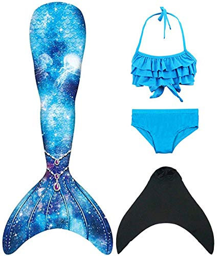 DNFUN Mädchen Meerjungfrauenschwanz für Schwimmen mit Meerjungfrau Flosse - Meerjungfrauen Flosse Kinder zum Schwimmen, 4 Stück Set