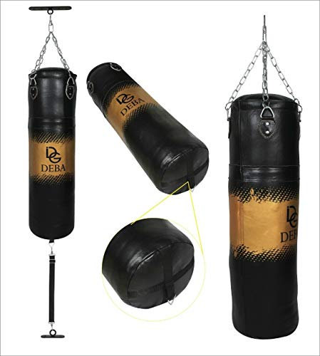 Deba® Boxsack aus Rindsleder 1,3 mm Dickes mit Doppelbefestigungs Zubehör Oben und unten Cowhide Sandsack Punchingsack Boxen MMA Kampfsport mit Stahlkette und Swivel (150x35)
