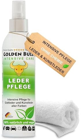 Golden Bull® Lederpflege Spray intensiv 250ml + Tuch [VEGAN - OHNE Chemie] Natürliches Leder Kunstleder Pflegemittel für werterhaltende Pflege von Ledersitz, Ledercouch, Autoleder, Sofa & Lederjacke