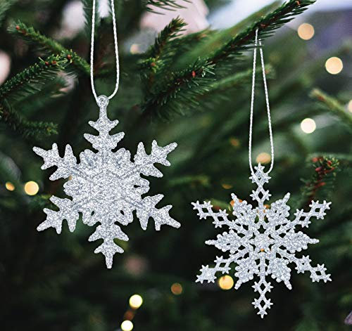 36 Stück Schneeflocken Weihnachten Deko Anhänger, Kunststoff Weihnachtsbaumschmuck Set Schneeflockendeko für Weihnachtsbaum Glitzer Christbaumschmuck Silber