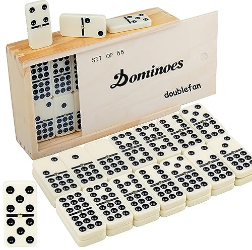Doublefan Dominoes Set für Erwachsene, Klassische Brettspiele Double 9 Dominos Spielset mit Spinner 55 Steine mit braunem Holzkasten (2-7 Spieler) (55 PCS)