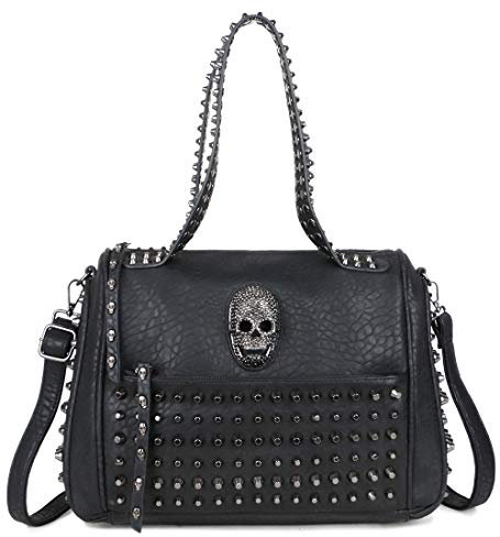 AlwaySky Damen Schädel Handtasche Punk Niet Umhängetasche Hobo Tote Shopper Schultertasche Geldbörse Tragetasche Clutches Handbag Schwarz