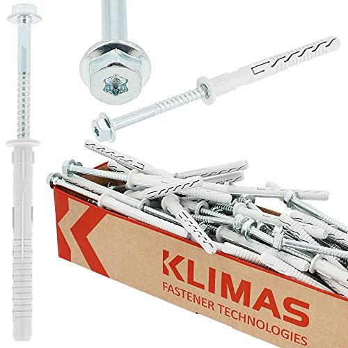 KKLIMAS® 50 Stück FAST Rahmendübel Ø 10x100 mm mit Innensechsrund Tellerkopf TX Schraube Ø 7x105 mm Edelstahl Sechskantkopfschraube | Dübel Set zur Befestigung in Beton Ziegeln uvm | KPR-FAST-10100K