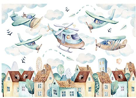 Fototapete Flugzeuge Jungen Wolken Hubschrauber Kinderzimmer Vlies Tapete Latexdruck UV-Beständig Geruchsfrei Hohe Auflösung Montagefertig (13675, V4 (254x184 cm) 2 Bahnen)